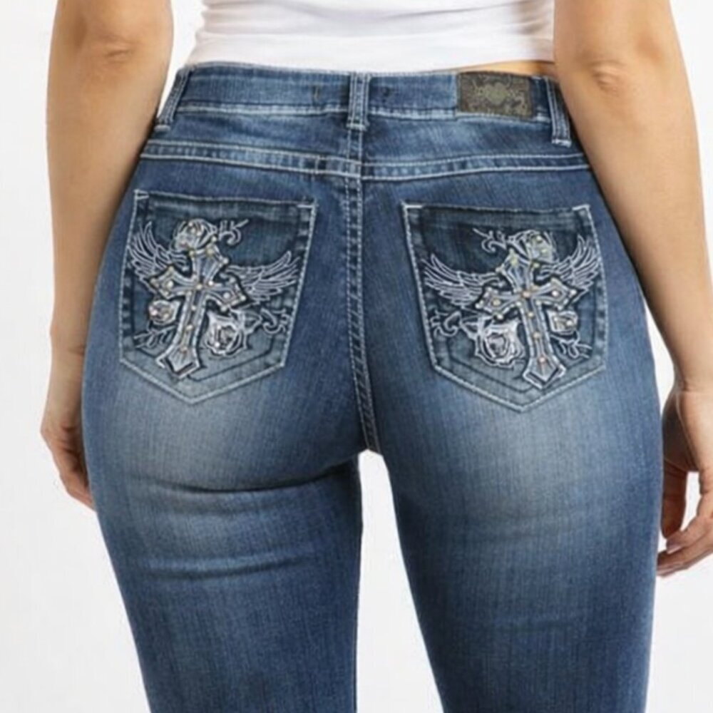 ZCO Blue Fade Cross And Angel Wings Embellished Boot Cut Jeans, Size 9